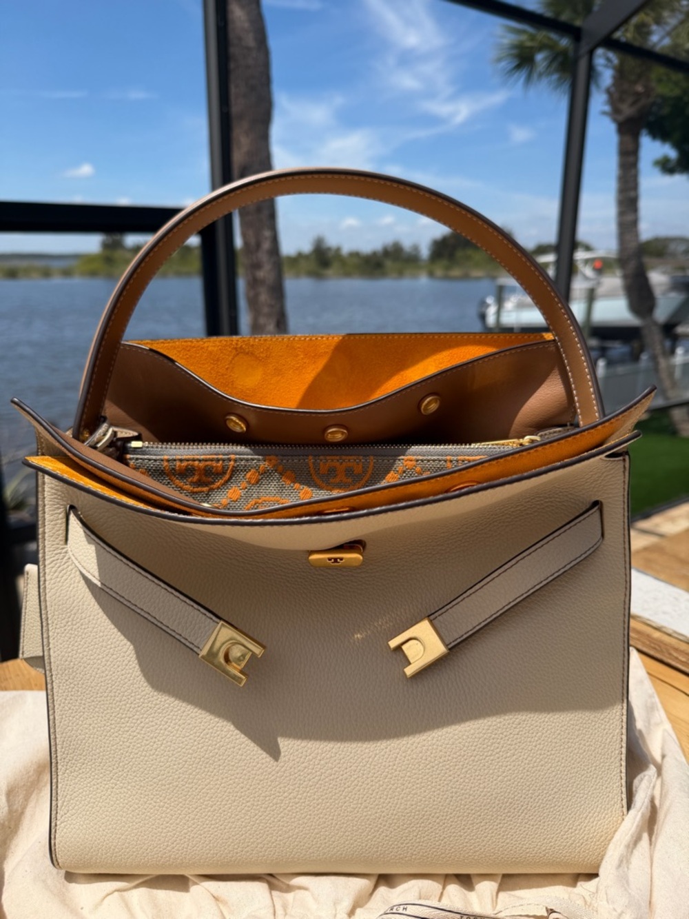 Tory Burch Lee Radziwill Large Ltd Edition Pebble Leather/Monogram Jacquard bag